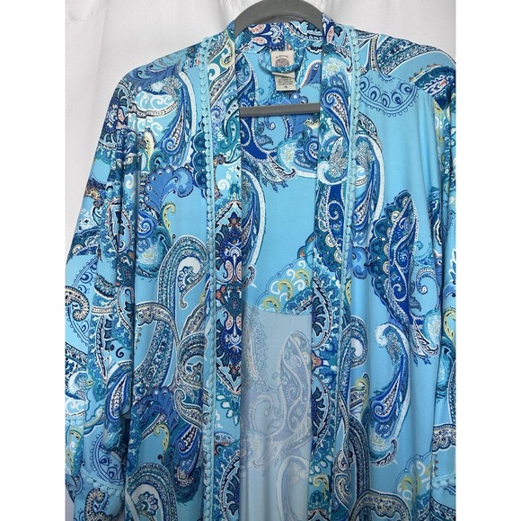In Bloom By Jonquil Short Robe Womens Size 1X Aqua Blue Paisley Belted - Picture 2 of 8